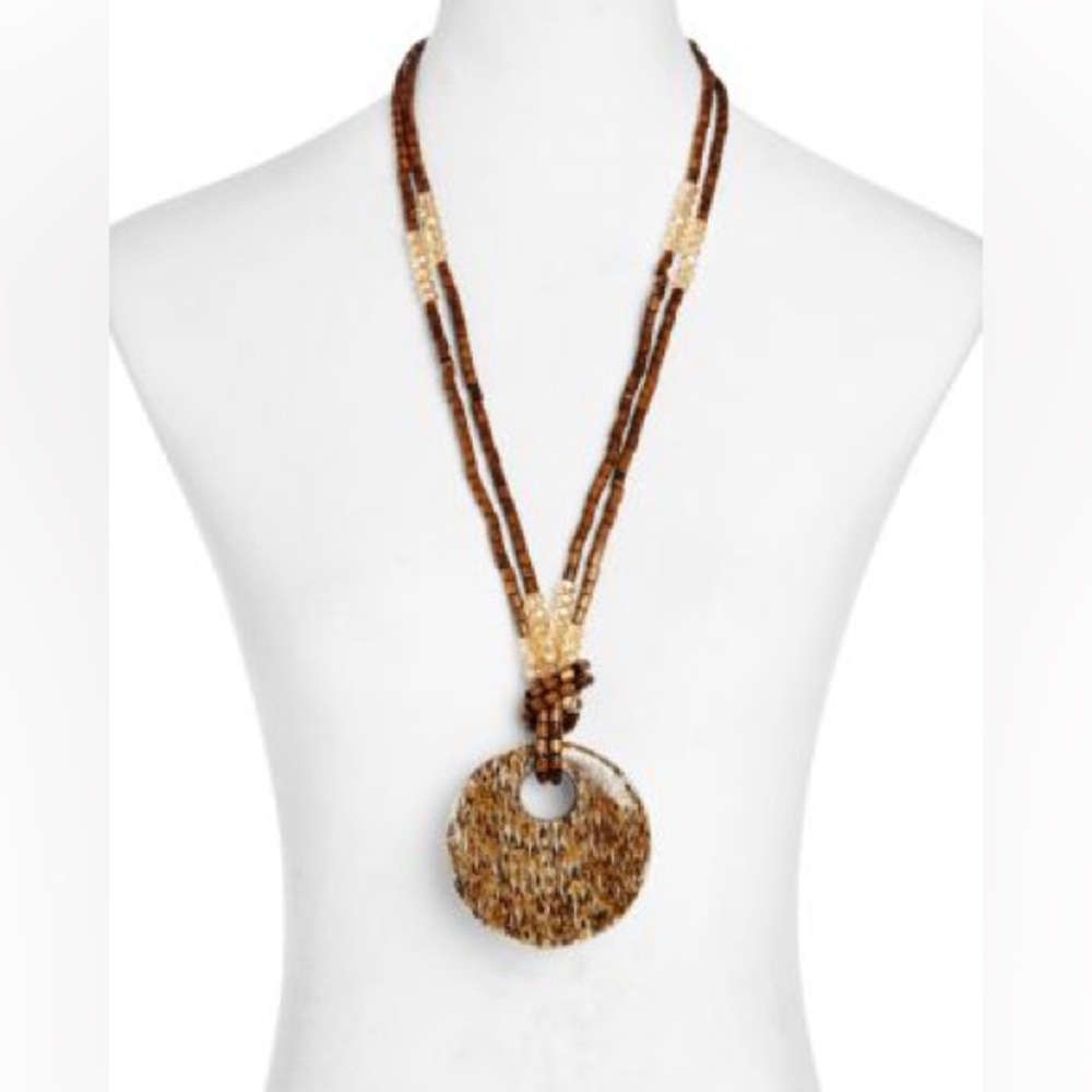 MaxMara Candela 23” Wood‎ Beaded Knot Pendant Necklace Brown Gold Boho Statement